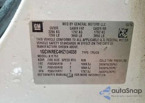 2017 Chevrolet Silverado K1500 Lt z USA, uszkodzony, nr VIN 1GCVKREC4HZ134038